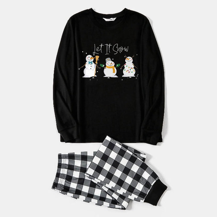 Mirla | Par Svart-Vit Rutigt Jul Pyjamas Set med Snögubbe och Låt Det Snöa Tecknad Tryck-Eva Jonsson