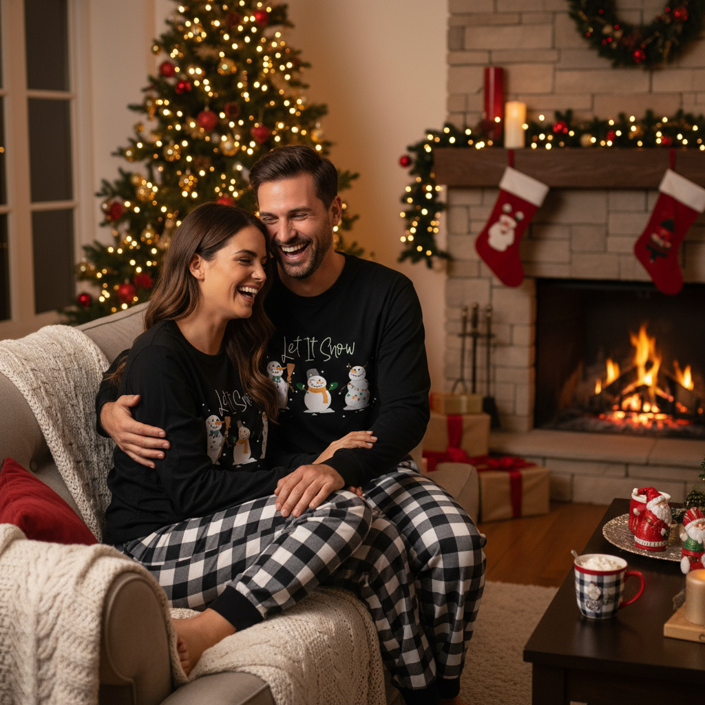 Mirla | Par Svart-Vit Rutigt Jul Pyjamas Set med Snögubbe och Låt Det Snöa Tecknad Tryck-Eva Jonsson