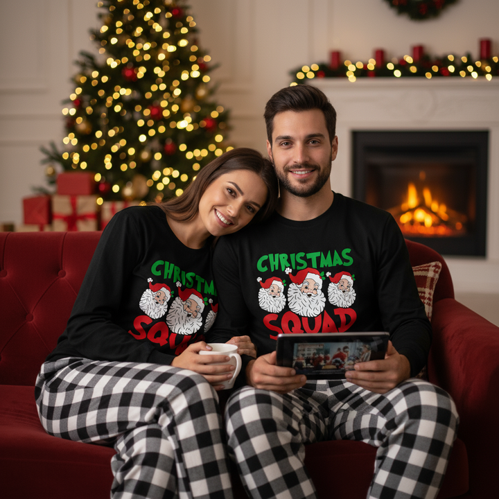 Mirla | Par Svart-Vit Rutigt Pyjamas Santa Squad och Julfarbror Tryck-Eva Jonsson