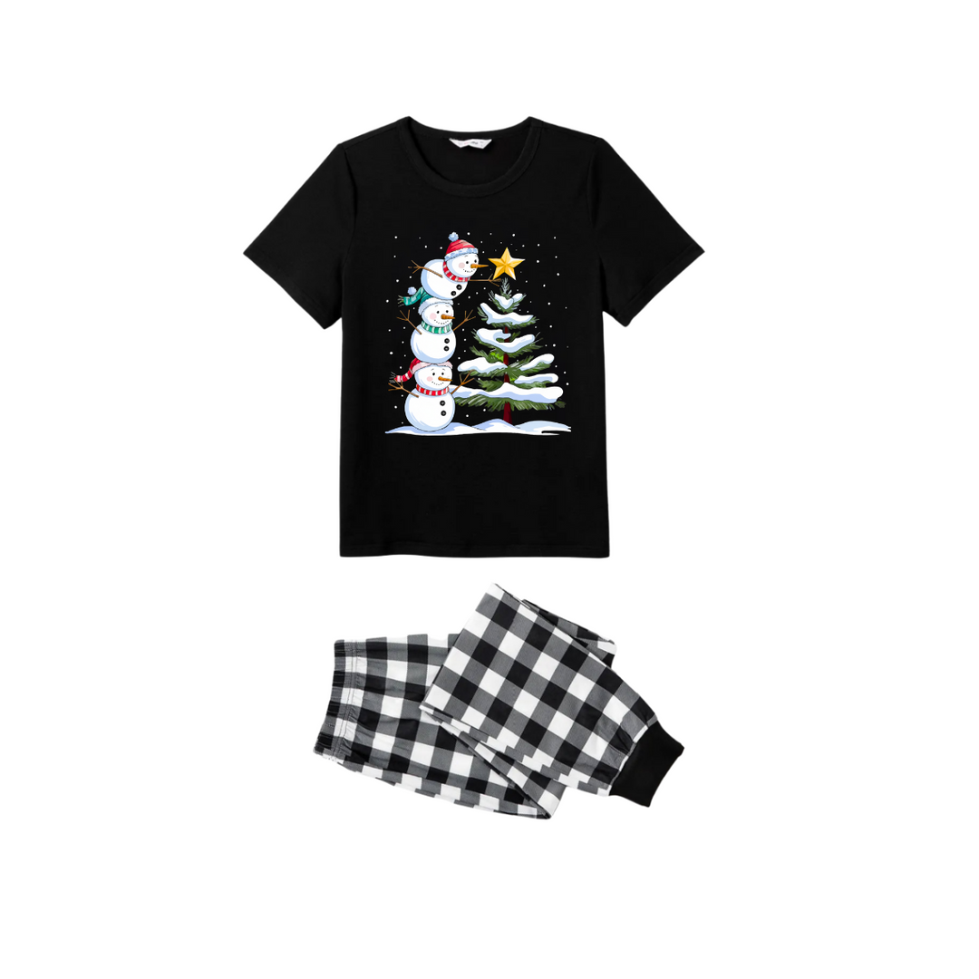 Mirla | Par Svart-Vitt Rutigt Jul Kortärmad Pyjamasset med Snögubbe- och Julgranstryck-Eva Jonsson