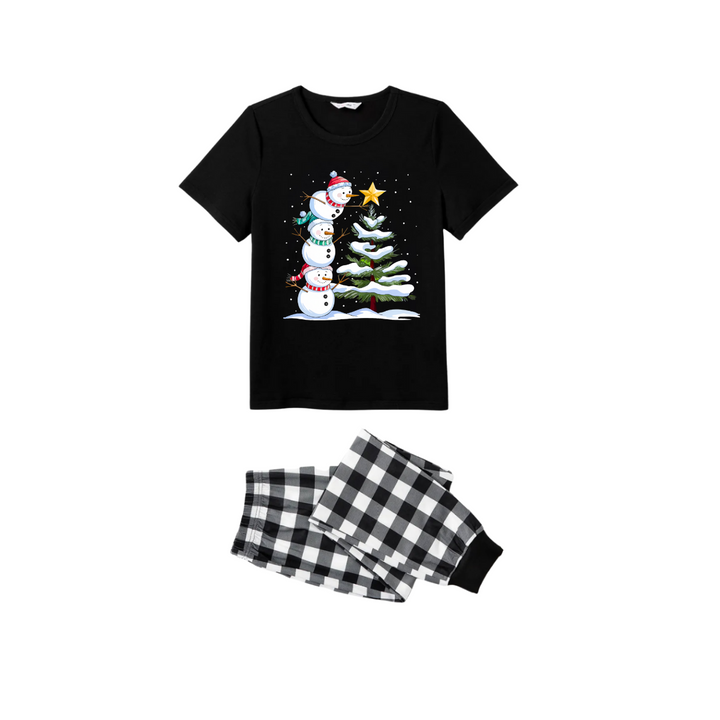 Mirla | Par Svart-Vitt Rutigt Jul Kortärmad Pyjamasset med Snögubbe- och Julgranstryck-Eva Jonsson