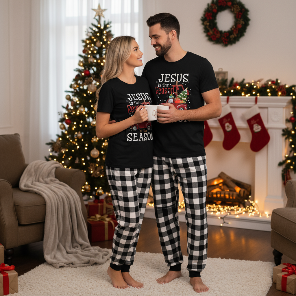 Mirla | Par Svart och Vit Rutigt Jul Kortärmad Pyjamasset med Jesus Är Anledningen Till Säsongen Texttryck-Eva Jonsson