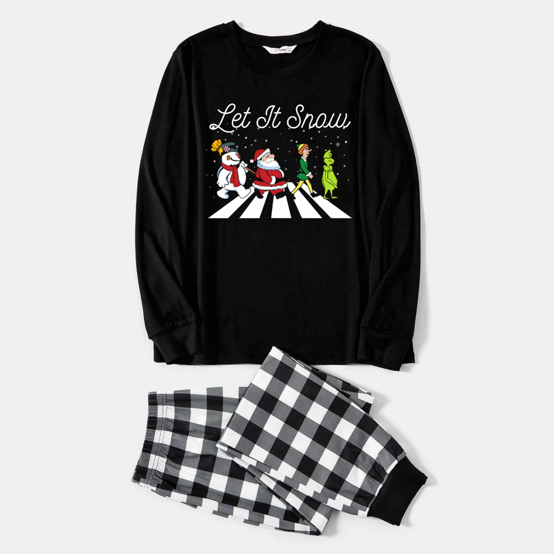Mirla | Par Svart och Vitt Rutigt Jul Pyjamas Set med Julgran och Tecknad Mönster Tryck-Eva Jonsson