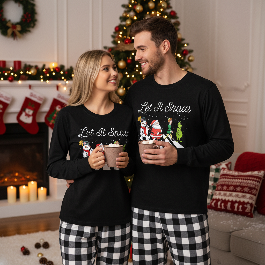 Mirla | Par Svart och Vitt Rutigt Jul Pyjamas Set med Julgran och Tecknad Mönster Tryck-Eva Jonsson