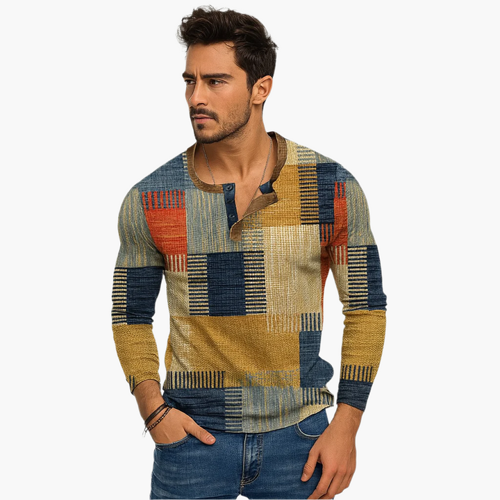 Mirla | Patchwork Stickad Tröja - Modern Henley-Stil för Höst & Vinter-Eva Jonsson