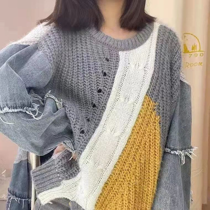 Mirla | Patchwork-tröja med denimärmar-Eva Jonsson
