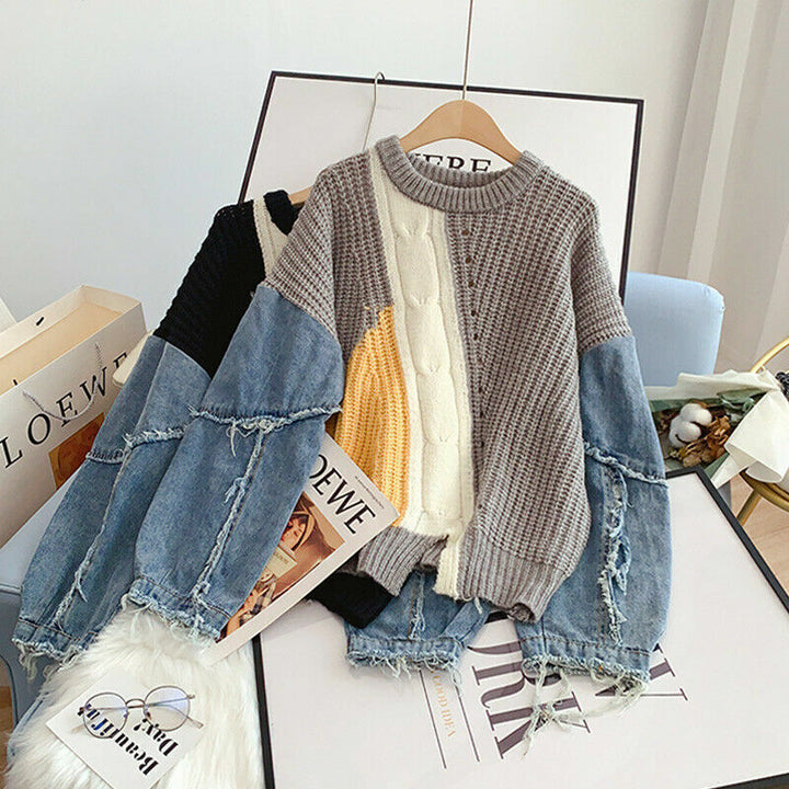 Mirla | Patchwork-tröja med denimärmar-Eva Jonsson
