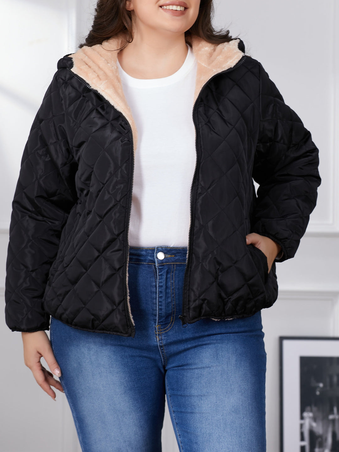 Mirla | Plus Size Färgsammansättning Steppjacka med Huva-Eva Jonsson