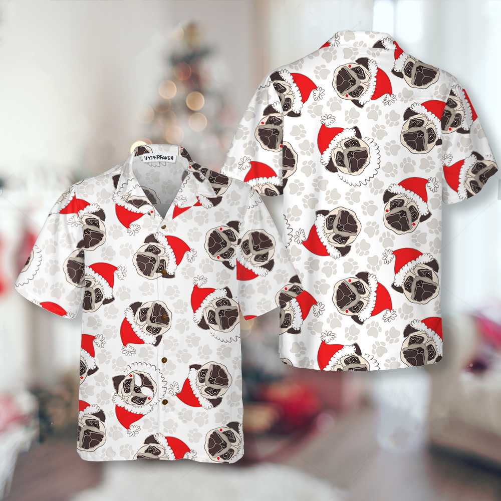 Mirla | Pug Hund I Santa Hatt Hawaii Skjorta Rolig Hund Jul Skjorta Julklapp För Pug Älskare-Eva Jonsson