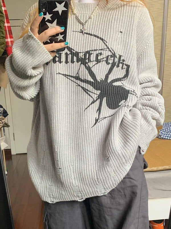 Mirla | Punk Ribbad Stickad Tröja med Tryckt Spindel-Eva Jonsson