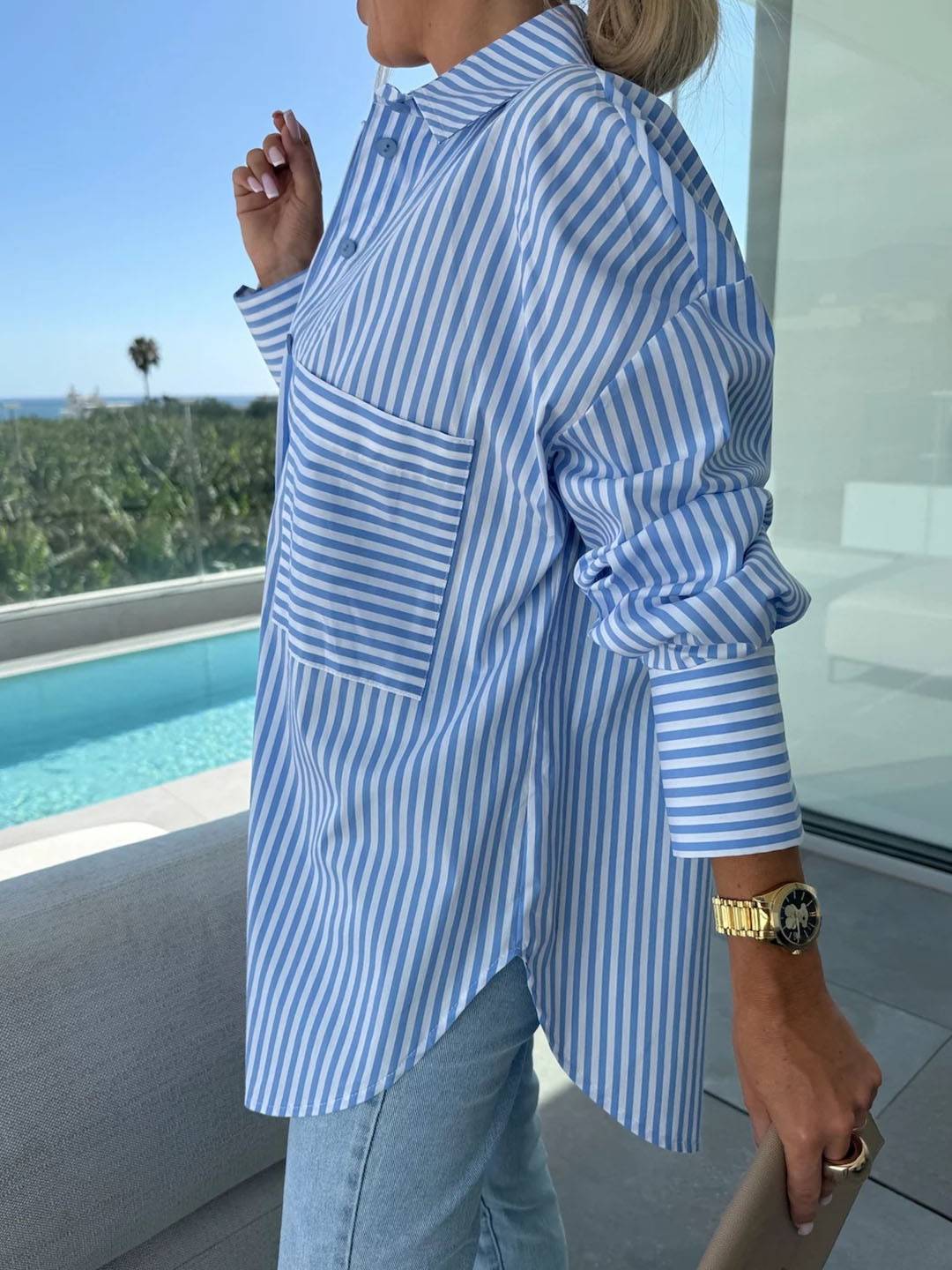 Mirla | Randig Blus Button-Up Skjorta Krage Långa Ärmar Kvinna Elegant Skräddarsydd Fritid Stora Storlekar-Eva Jonsson