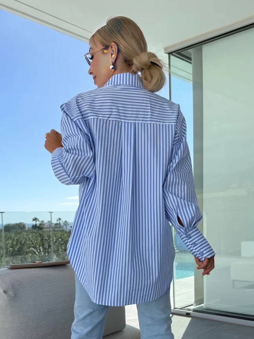 Mirla | Randig Blus Button-Up Skjorta Krage Långa Ärmar Kvinna Elegant Skräddarsydd Fritid Stora Storlekar-Eva Jonsson