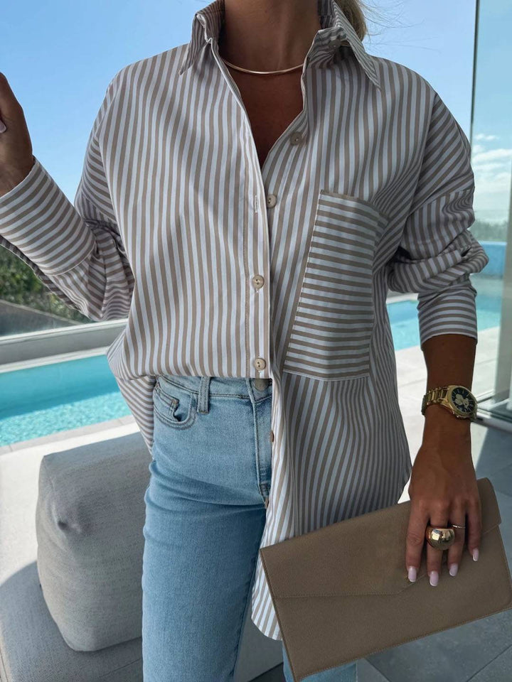 Mirla | Randig Blus Button-Up Skjorta Krage Långa Ärmar Kvinna Elegant Skräddarsydd Fritid Stora Storlekar-Eva Jonsson