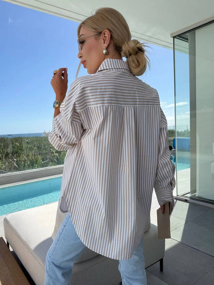 Mirla | Randig Blus Button-Up Skjorta Krage Långa Ärmar Kvinna Elegant Skräddarsydd Fritid Stora Storlekar-Eva Jonsson