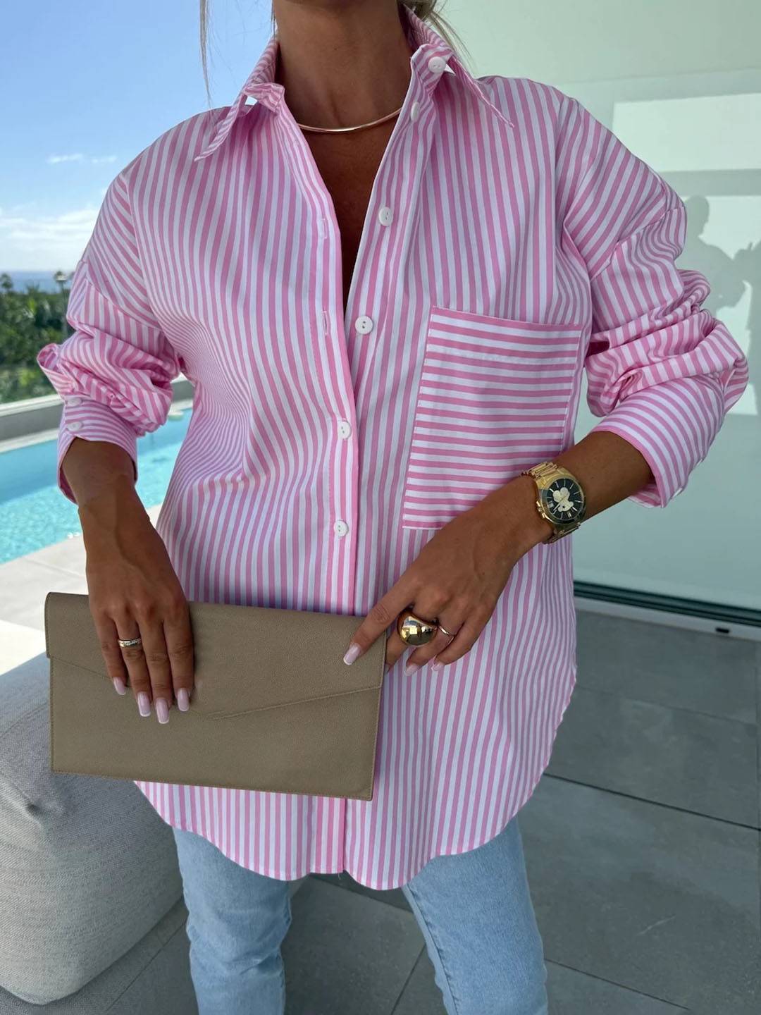 Mirla | Randig Blus Button-Up Skjorta Krage Långa Ärmar Kvinna Elegant Skräddarsydd Fritid Stora Storlekar-Eva Jonsson