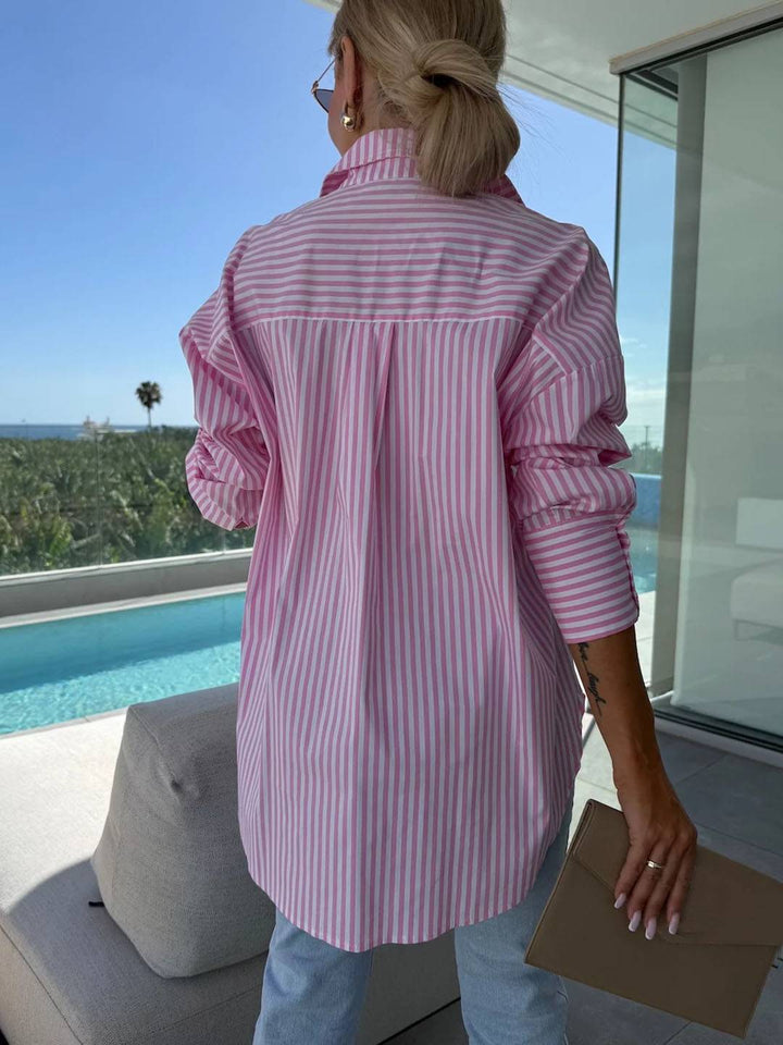 Mirla | Randig Blus Button-Up Skjorta Krage Långa Ärmar Kvinna Elegant Skräddarsydd Fritid Stora Storlekar-Eva Jonsson