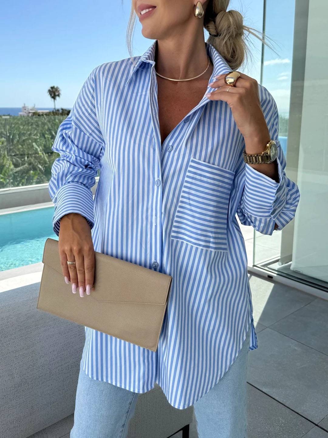 Mirla | Randig Blus Button-Up Skjorta Krage Långa Ärmar Kvinna Elegant Skräddarsydd Fritid Stora Storlekar-Eva Jonsson