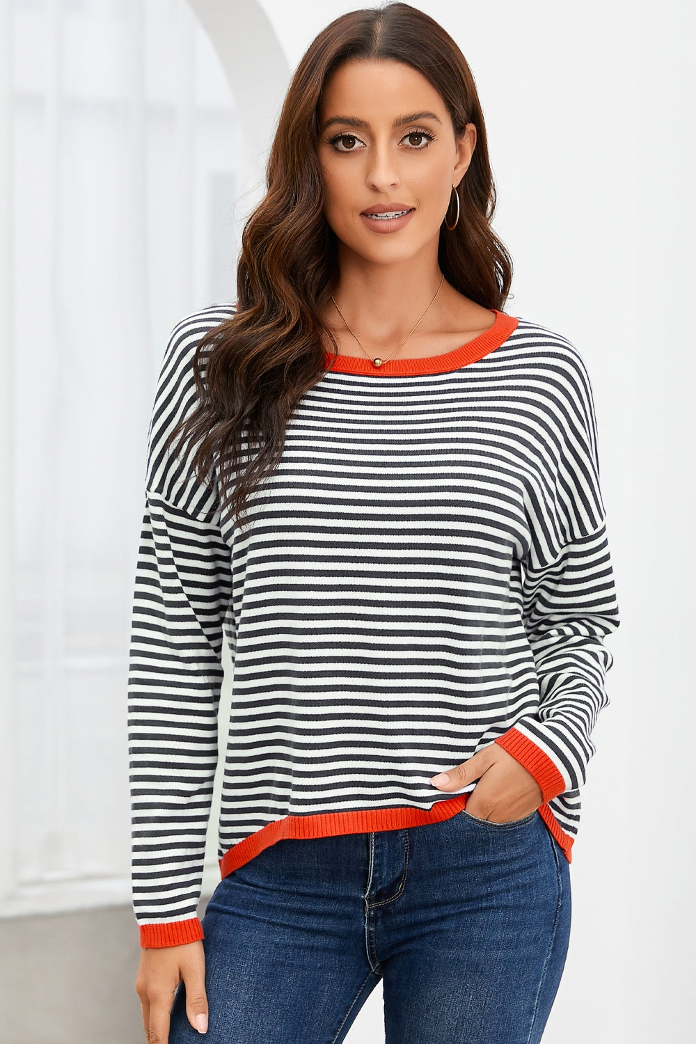 Mirla | Randig Rundhals-Droppaxel-T-shirt-Eva Jonsson