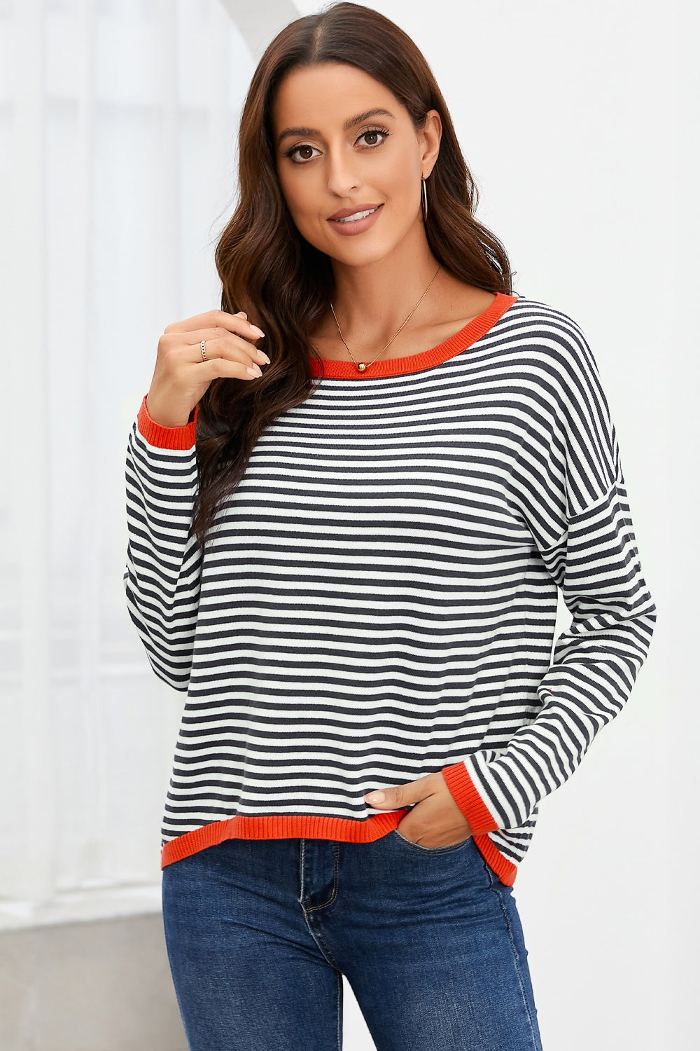 Mirla | Randig Rundhals-Droppaxel-T-shirt-Eva Jonsson