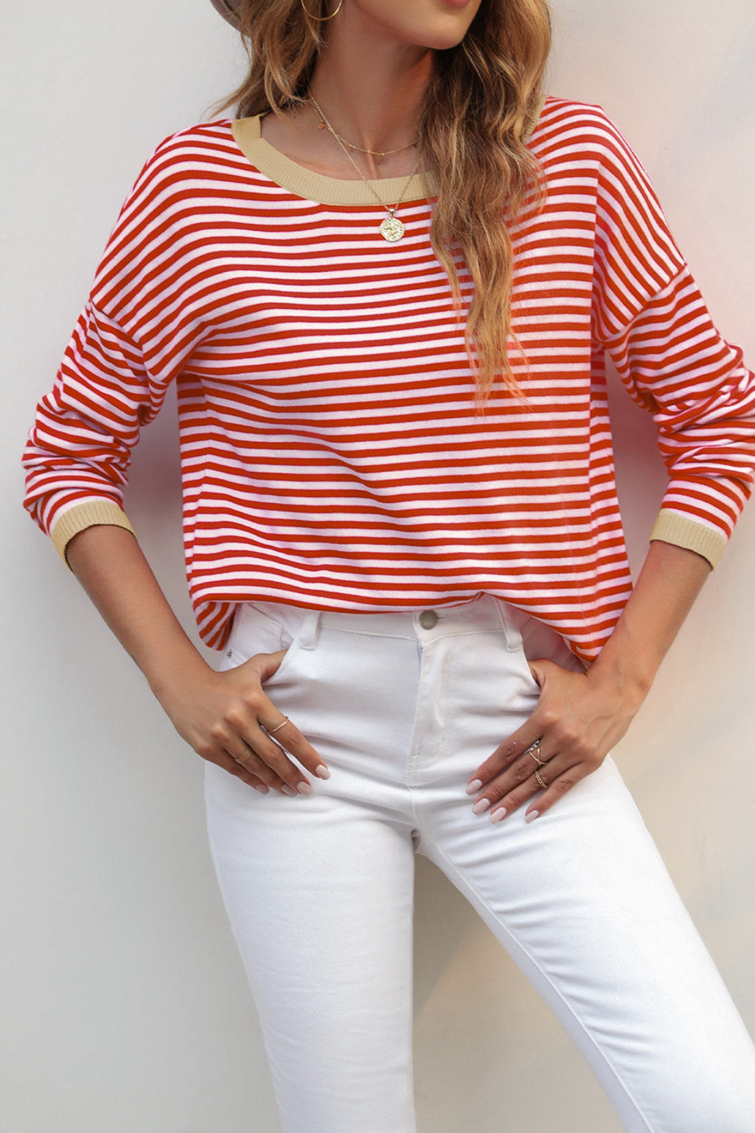 Mirla | Randig Rundhals-Droppaxel-T-shirt-Eva Jonsson