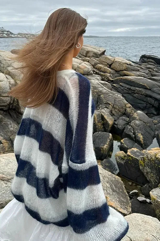 Mirla | Randig V-Ringad Lätt Stickad Cardigan-Eva Jonsson