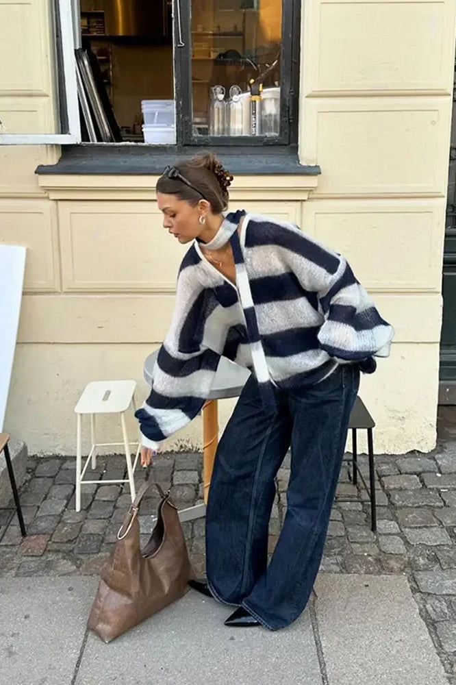 Mirla | Randig V-Ringad Löst Stickad Cardigan Tröja-Eva Jonsson