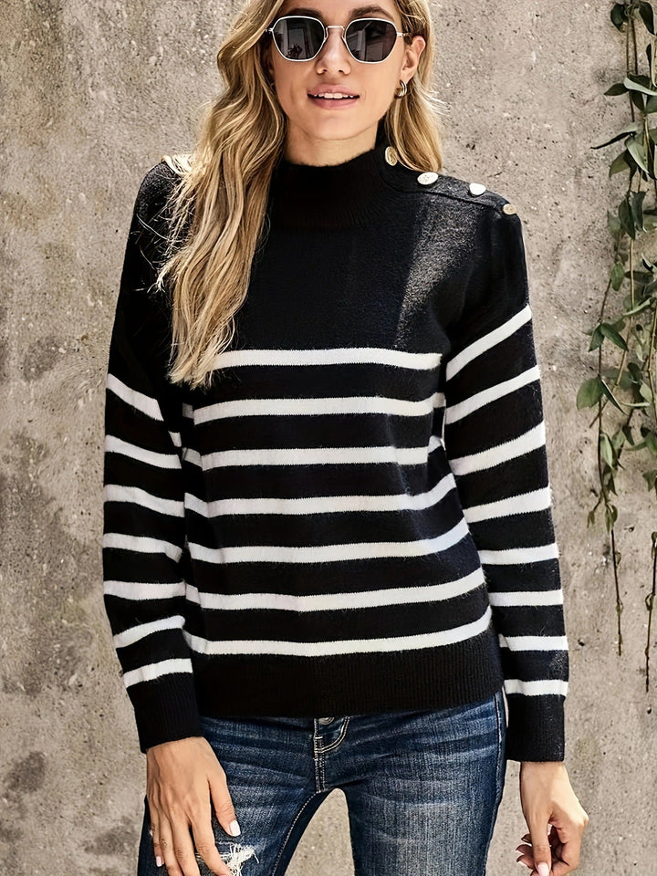 Mirla | Randig stickad tröja Mock Neck axelknapp-accent långärmad avslappnad passform-Eva Jonsson