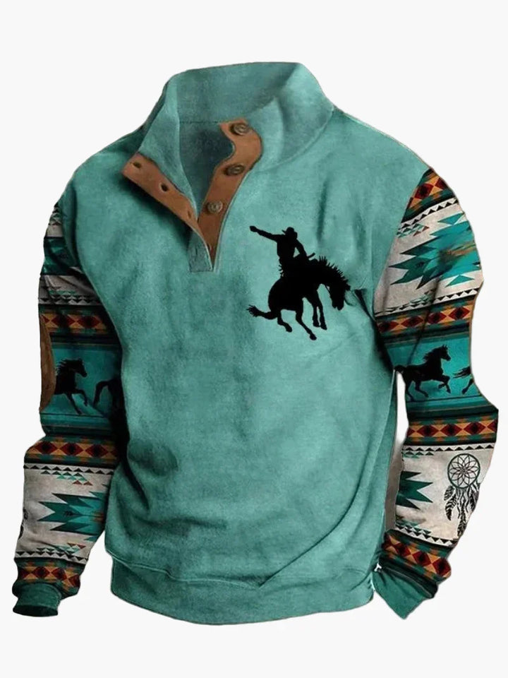 Mirla | Retro Cowboy Sweatshirt med Digitaltryck och Ståkrage - Western Casual Tröja för Utomhus och Fritid-Eva Jonsson