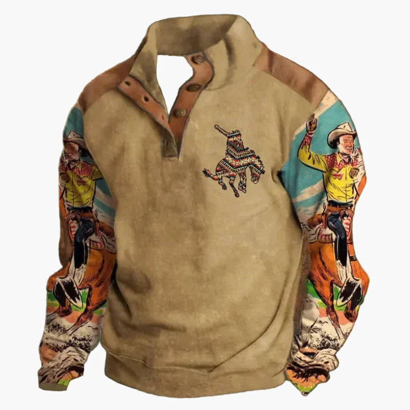Mirla | Retro Cowboy Sweatshirt med Digitaltryck och Ståkrage - Western Casual Tröja för Utomhus och Fritid-Eva Jonsson