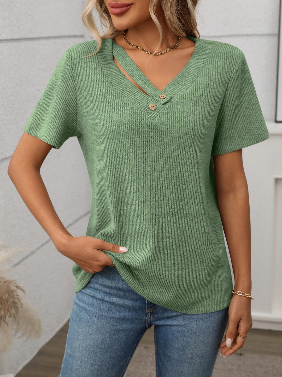 Mirla | Ribbade V-ringad Kortärmad T-shirt-Eva Jonsson