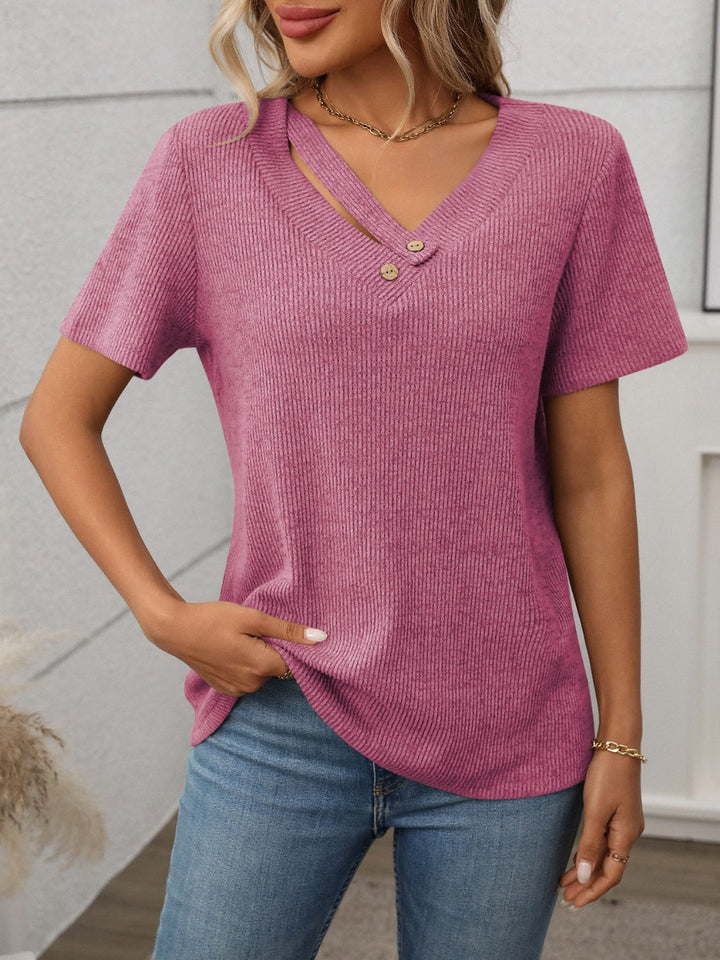 Mirla | Ribbade V-ringad Kortärmad T-shirt-Eva Jonsson