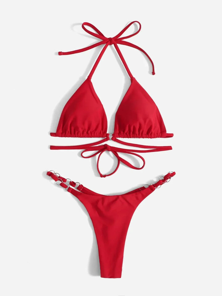 Mirla | Röd Halter-Triangle-Bikini med ringdetalj för kvinnor-Eva Jonsson