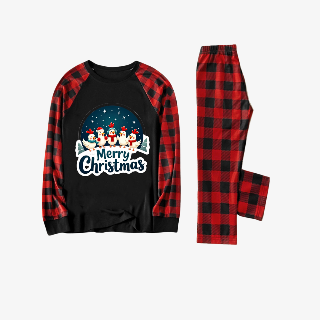 Mirla | Röd och Svart Ruta Jul-Pyjama-Set med Glada Höns och God Jul Texttryck-Eva Jonsson