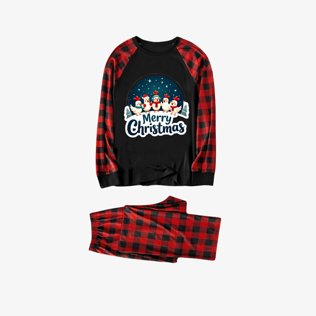Mirla | Röd och Svart Ruta Jul-Pyjama-Set med Glada Höns och God Jul Texttryck-Eva Jonsson