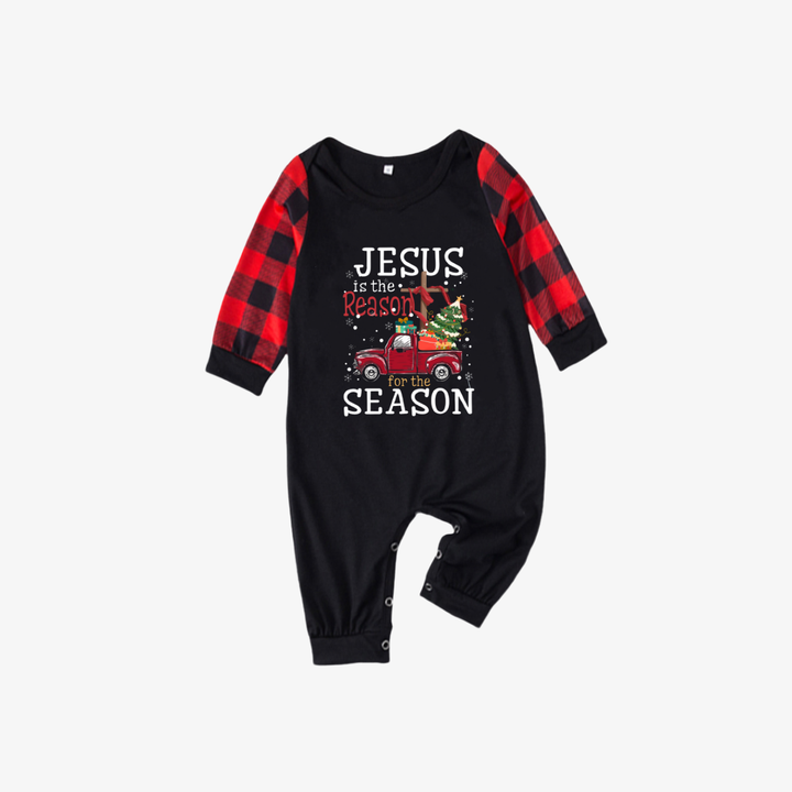 Mirla | Röd och Svart Rutigt Jul-Pyjamas-Set med Jesus Är Anledningen Till Säsongen Texttryck-Eva Jonsson