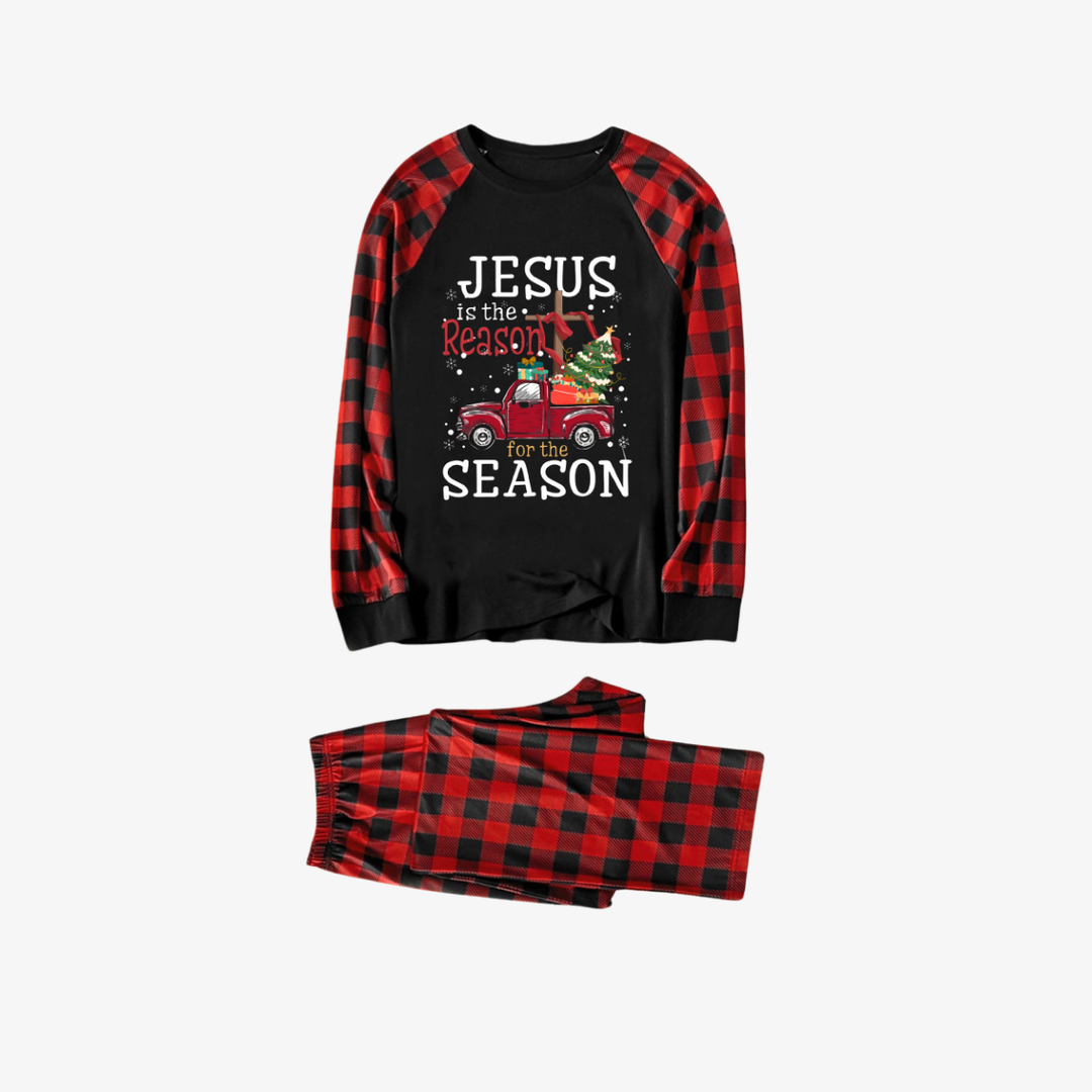 Mirla | Röd och Svart Rutigt Jul-Pyjamas-Set med Jesus Är Anledningen Till Säsongen Texttryck-Eva Jonsson