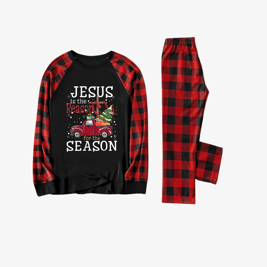Mirla | Röd och Svart Rutigt Jul-Pyjamas-Set med Jesus Är Anledningen Till Säsongen Texttryck-Eva Jonsson