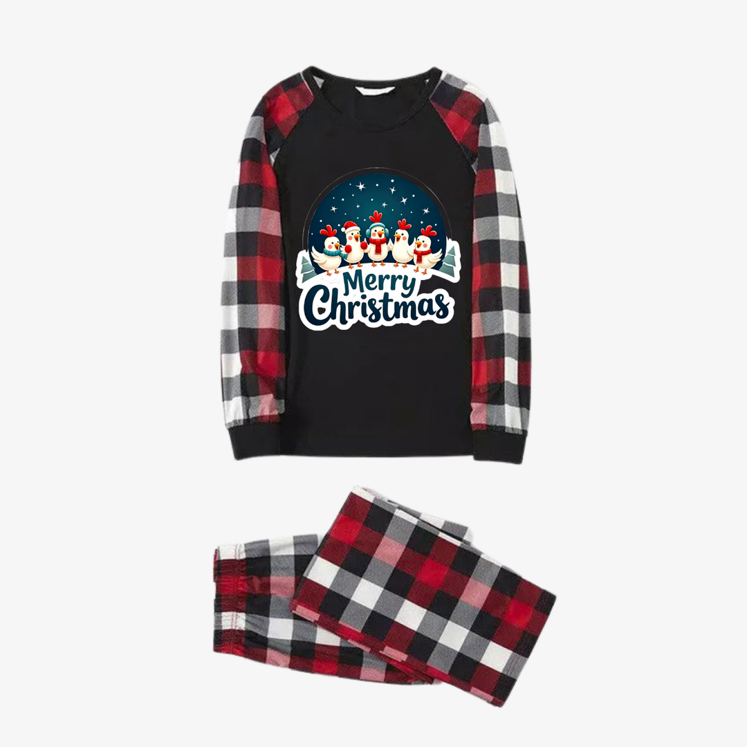 Mirla | Röda och Grå Rutiga Julpyjamas med Lyckliga Höns och God Jul Texttryck-Eva Jonsson