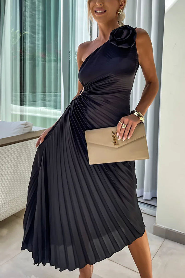 Mirla | Romantiska nätter satin upphöjda blommor elastisk cutout en axel plisserad maxi klänning-Eva Jonsson