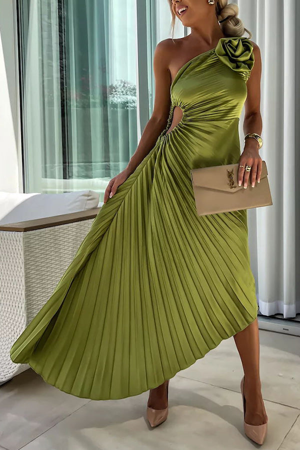 Mirla | Romantiska nätter satin upphöjda blommor elastisk cutout en axel plisserad maxi klänning-Eva Jonsson