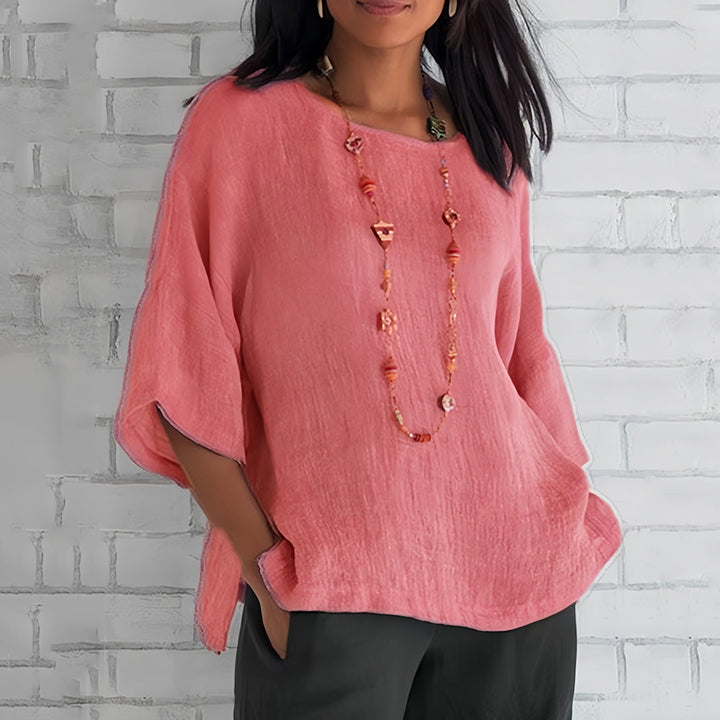 Mirla | Rosa, Löst Rundhals-T-shirt med 3/4-ärmar för damer-Eva Jonsson