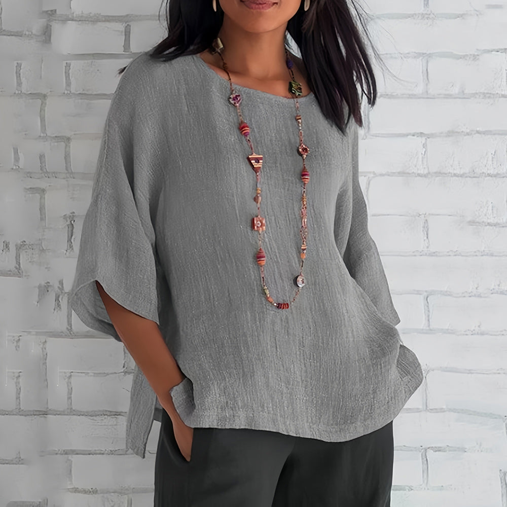 Mirla | Rosa, Löst Rundhals-T-shirt med 3/4-ärmar för damer-Eva Jonsson