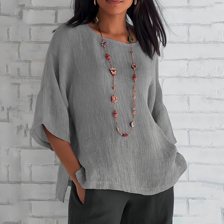 Mirla | Rosa, Löst Rundhals-T-shirt med 3/4-ärmar för damer-Eva Jonsson