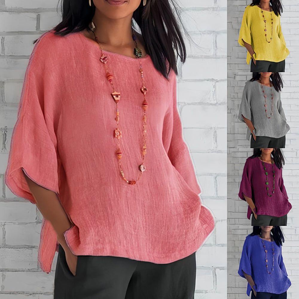 Mirla | Rosa, Löst Rundhals-T-shirt med 3/4-ärmar för damer-Eva Jonsson