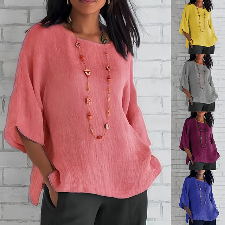 Mirla | Rosa, Löst Rundhals-T-shirt med 3/4-ärmar för damer-Eva Jonsson