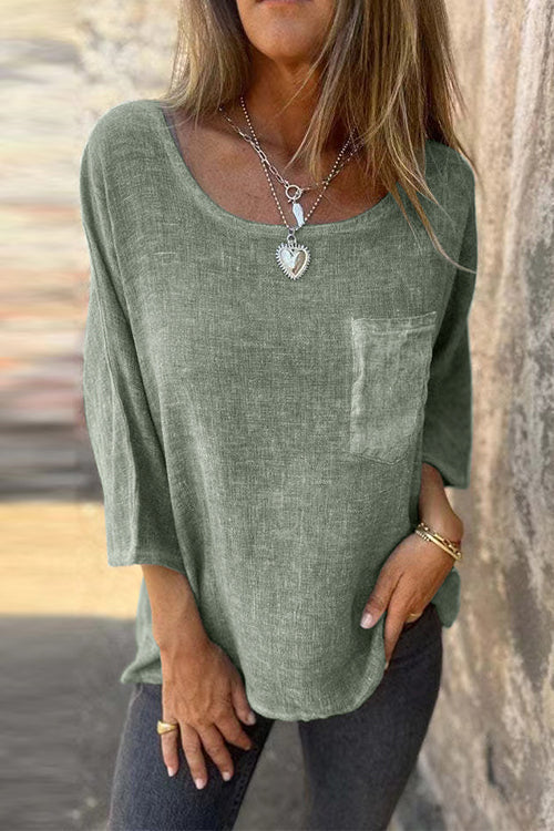 Mirla | Rosiedress 3/4 ärmar med fickor bomull linne avslappnad T-shirt-Eva Jonsson