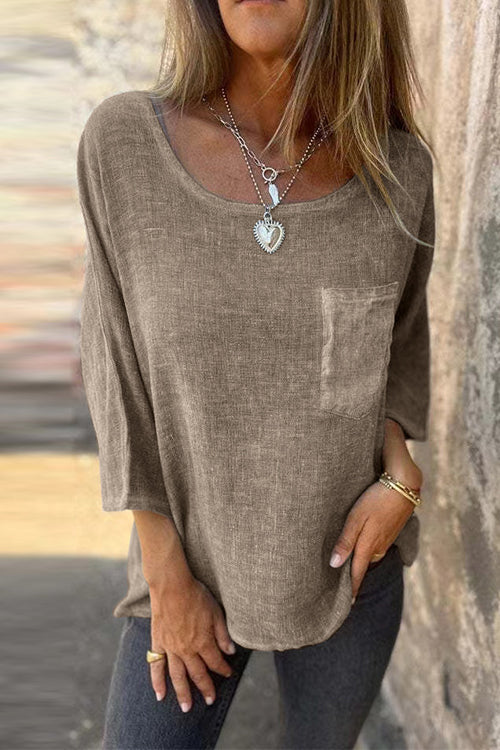 Mirla | Rosiedress 3/4 ärmar med fickor bomull linne avslappnad T-shirt-Eva Jonsson