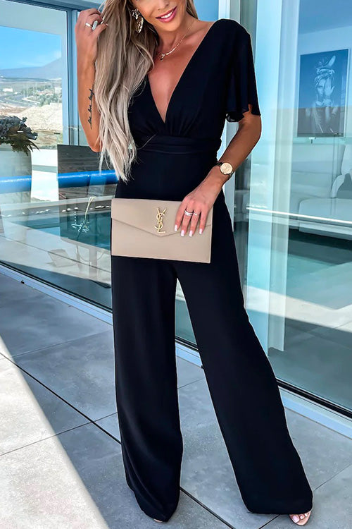 Mirla | Rosiedress Djup V-ringning Rufsärm Hög midja Vida ben Jumpsuit-Eva Jonsson