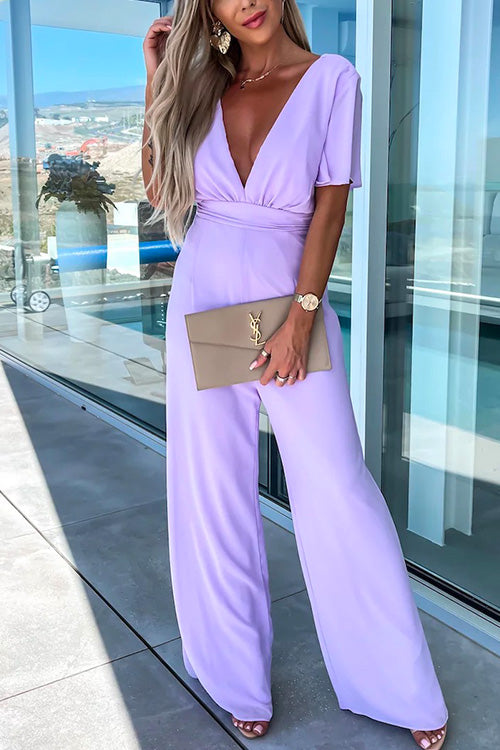 Mirla | Rosiedress Djup V-ringning Rufsärm Hög midja Vida ben Jumpsuit-Eva Jonsson