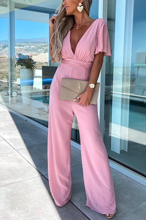 Mirla | Rosiedress Djup V-ringning Rufsärm Hög midja Vida ben Jumpsuit-Eva Jonsson